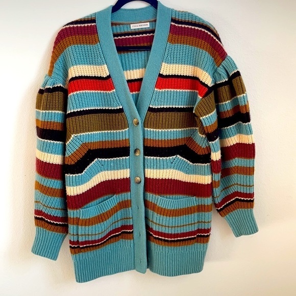 Ulla Johnson Teal striped Tillie ballon sleeve cardigan sweater S - Picture 6 of 11